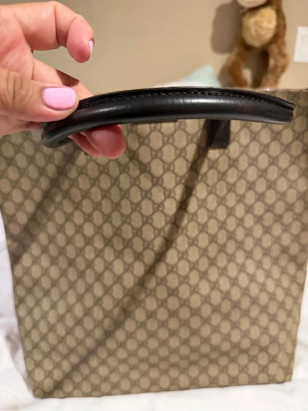 Gucci Beige GG Canvas Tote with Dark Brown Leather Handles